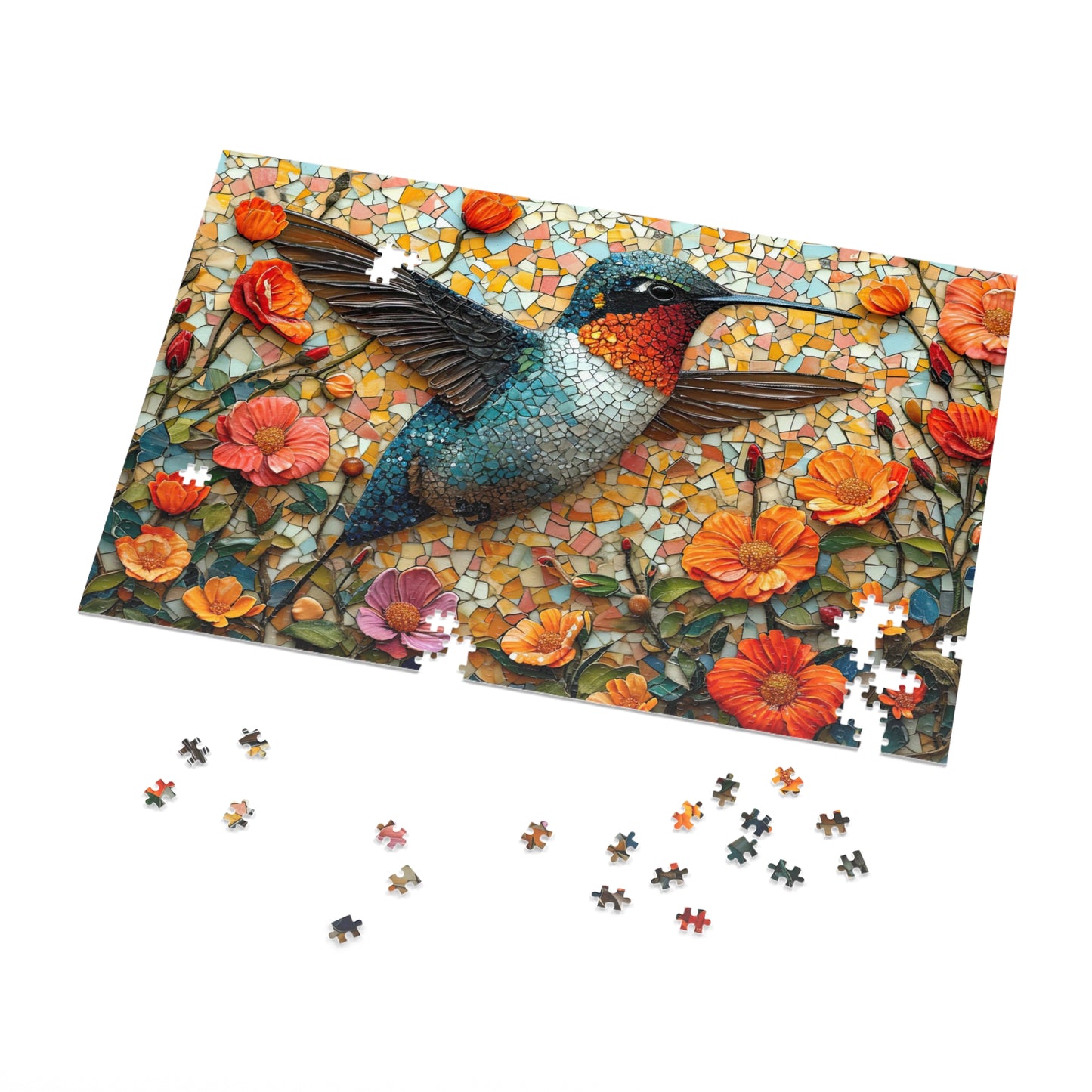 Vibrant Mosaic Hummingbird Puzzle - 110-1000 Pieces, Floral Artistry for Nature Lovers! Metal Box