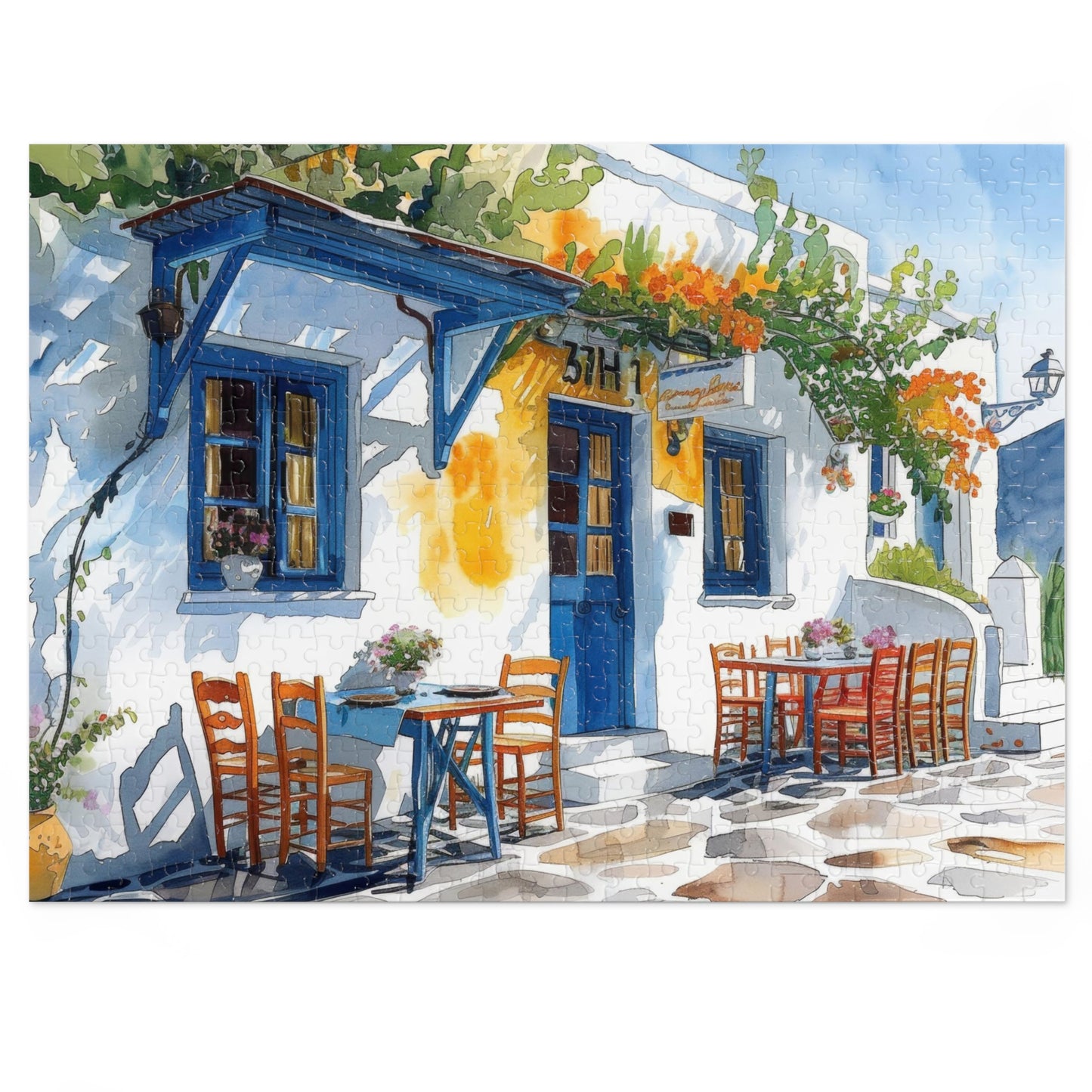 Sun-Kissed Greek Café Watercolor Puzzle: Vivid Blues, Shipped in a Metal Box