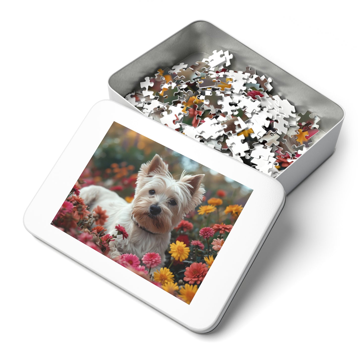 Adorable Westie in Bloom Puzzle Set - 110-1000 Pieces, Perfect Pet & Flower Jigsaw! Metal Box