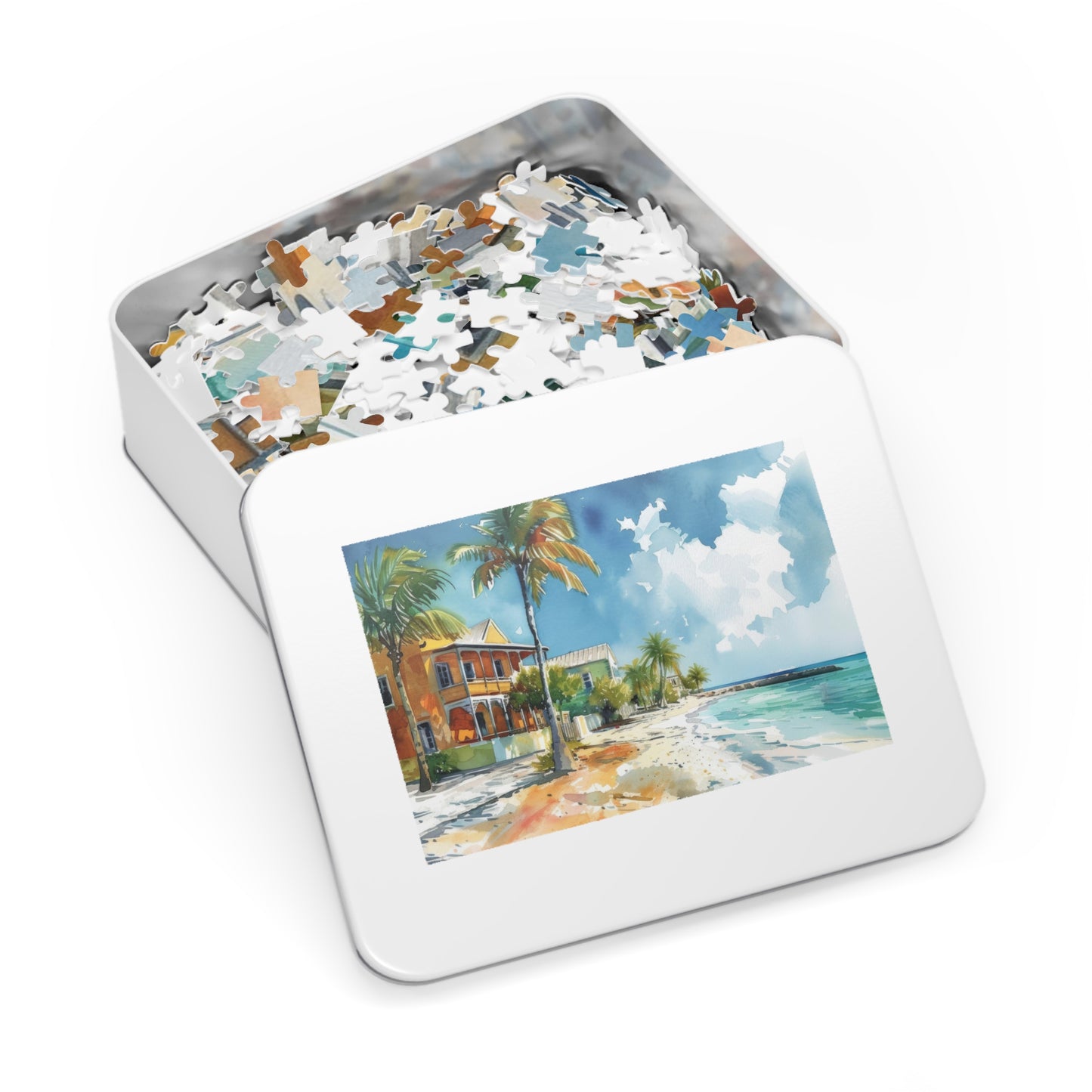 Seaside Bliss Watercolor - Tropical Beach & Historic House Puzzle, Shipped in a Metal Box