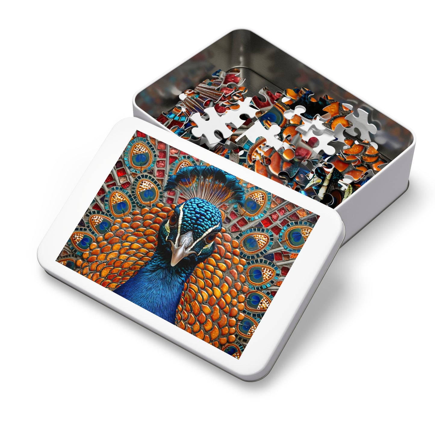 Majestic Mosaic Peacock Puzzle - Dazzling 110-1000 Pieces, A Regal Challenge for Puzzlers! Metal Box