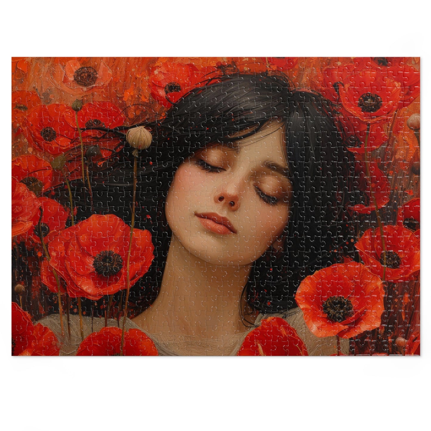 Woman Amidst Red Poppies Art Puzzle, 110-1000pc, Serene Floral Jigsaw, Shipped in a Metal Box