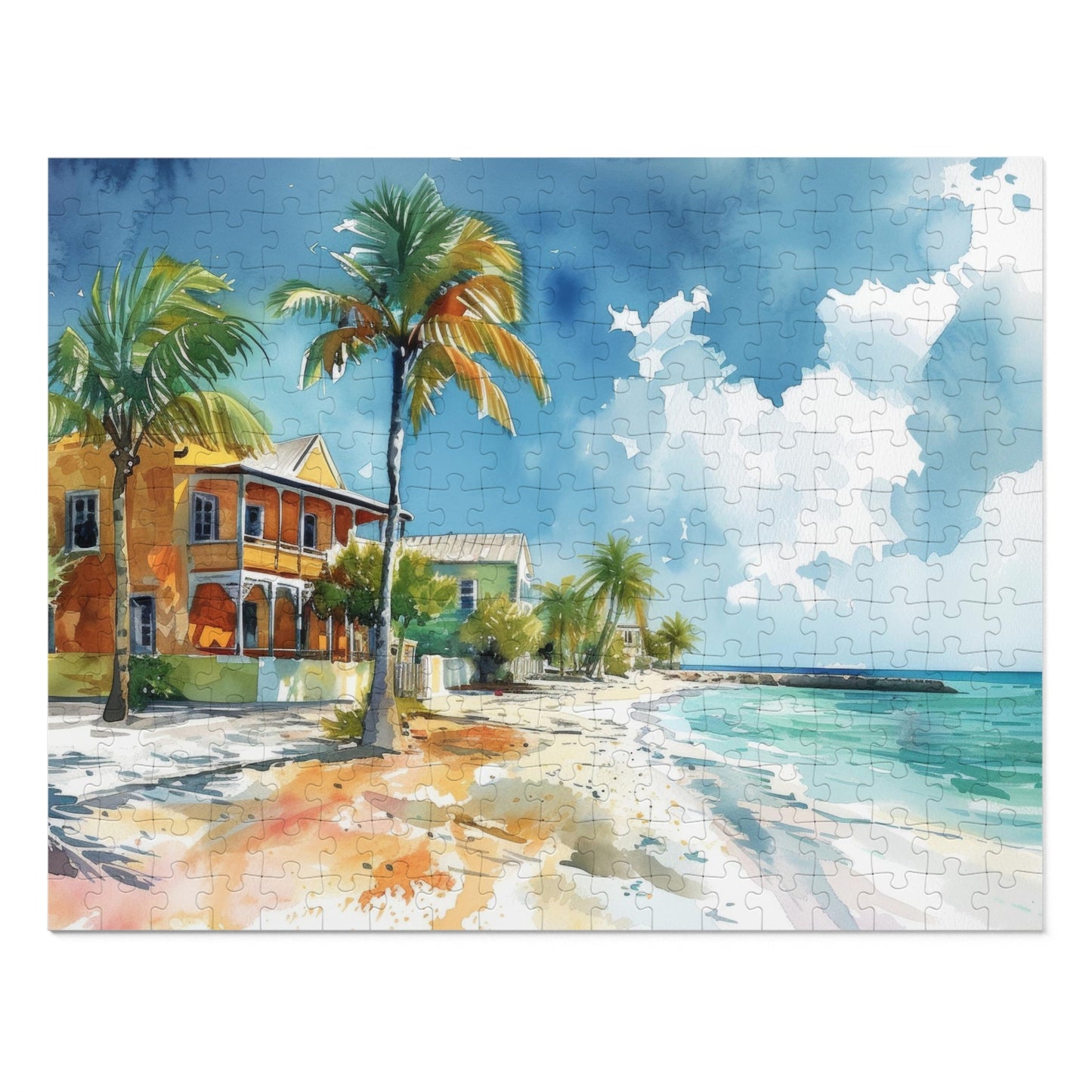 Seaside Bliss Watercolor - Tropical Beach & Historic House Puzzle, Shipped in a Metal Box