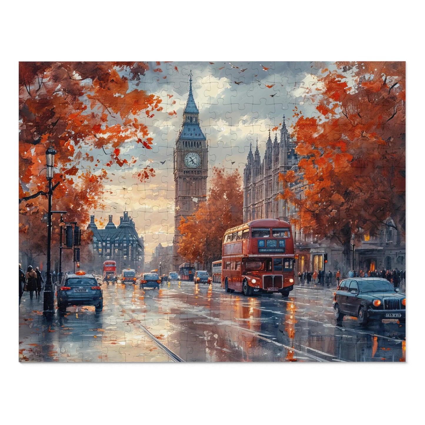 London Wet Street Sunset Puzzle, Available in 110, 252, 500 and 1000 Pieces, Iconic Red Bus & Big Ben, Rainy Twilight, Reflective, Metal Box