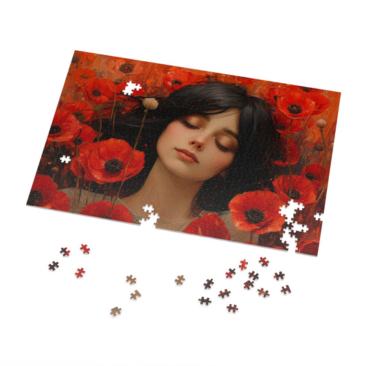 Woman Amidst Red Poppies Art Puzzle, 110-1000pc, Serene Floral Jigsaw, Shipped in a Metal Box