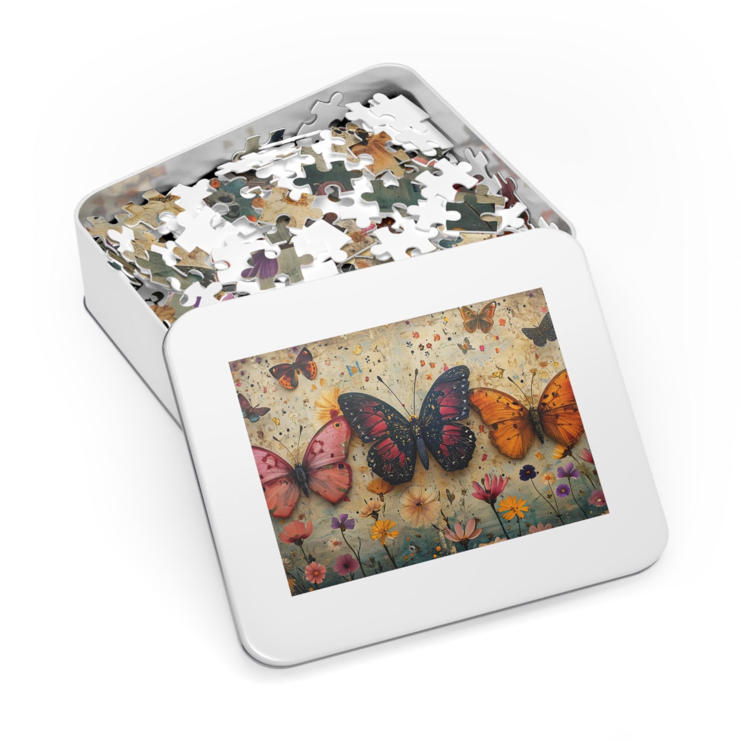 Antique Floral Butterfly Puzzle - 110-1000 Pieces, Immersive Vintage Nature Experience! Metal Box