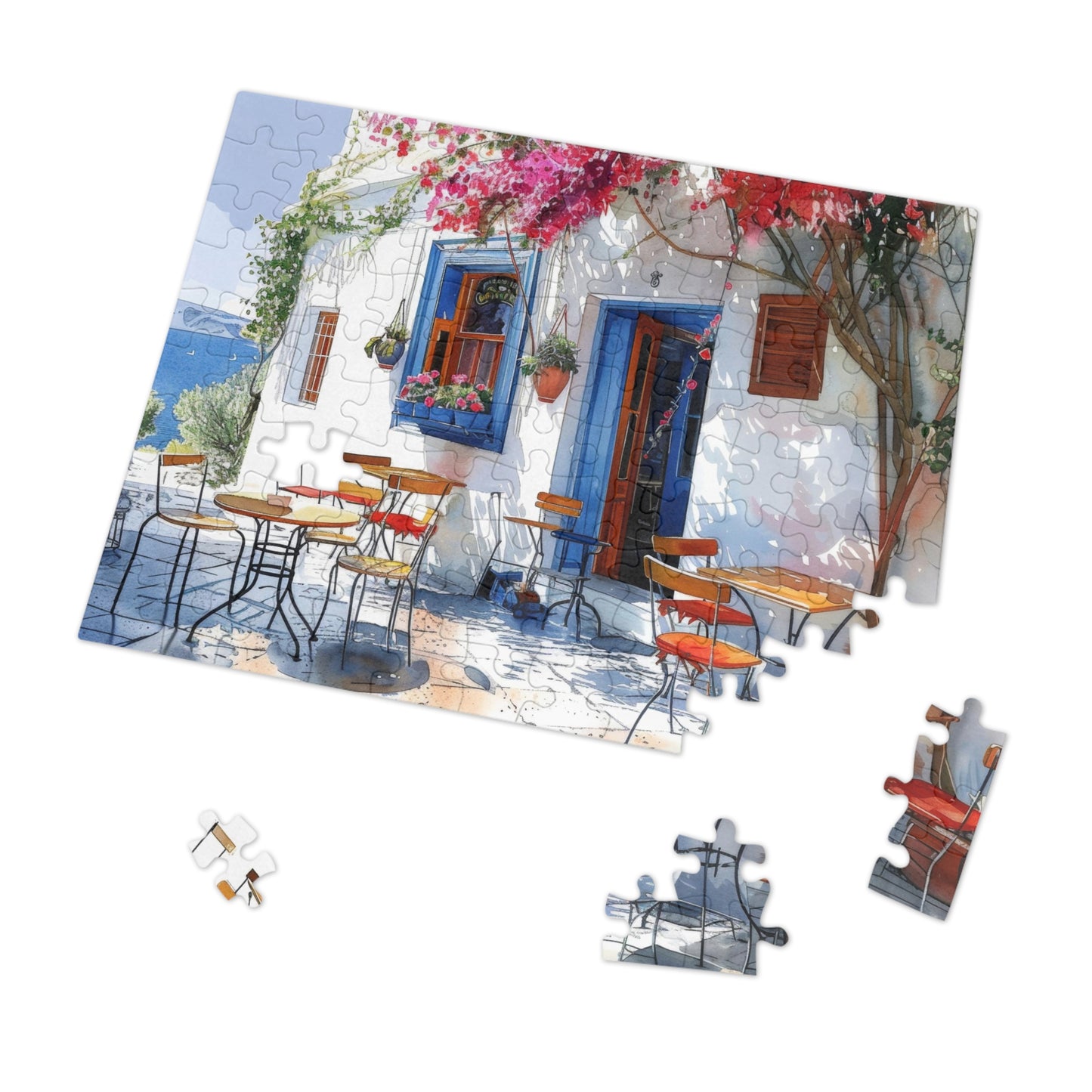 Idyllic Café Charm Watercolor Puzzle: Coastal Scene with Blossoms, Shipped in a Metal Box