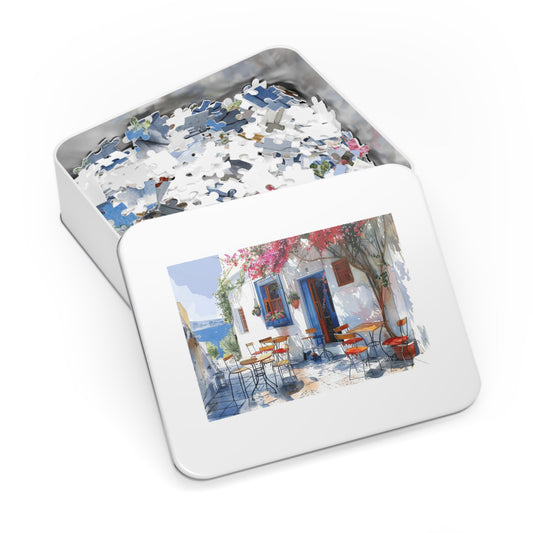 Idyllic Café Charm Watercolor Puzzle: Coastal Scene with Blossoms, Shipped in a Metal Box