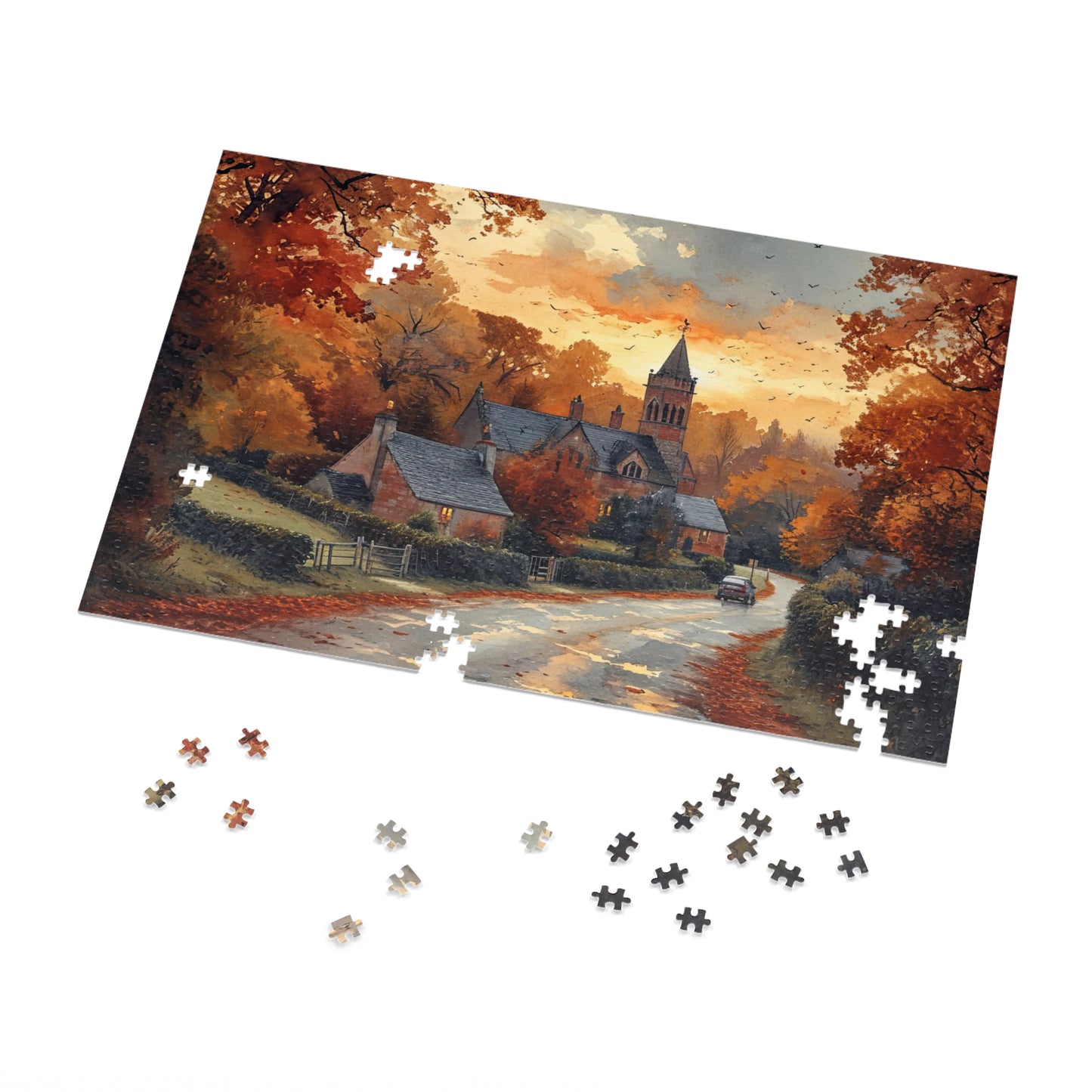 Quaint English Village Autumn Puzzle - 110-1000 Pieces, Idyllic Countryside Jigsaw! Metal Box