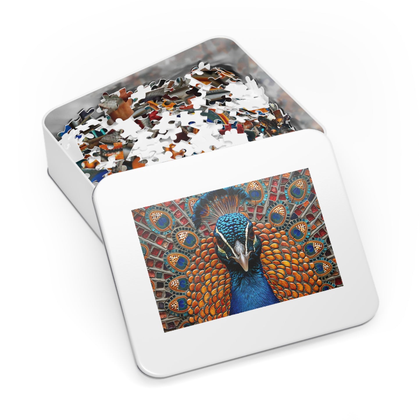 Majestic Mosaic Peacock Puzzle - Dazzling 110-1000 Pieces, A Regal Challenge for Puzzlers! Metal Box