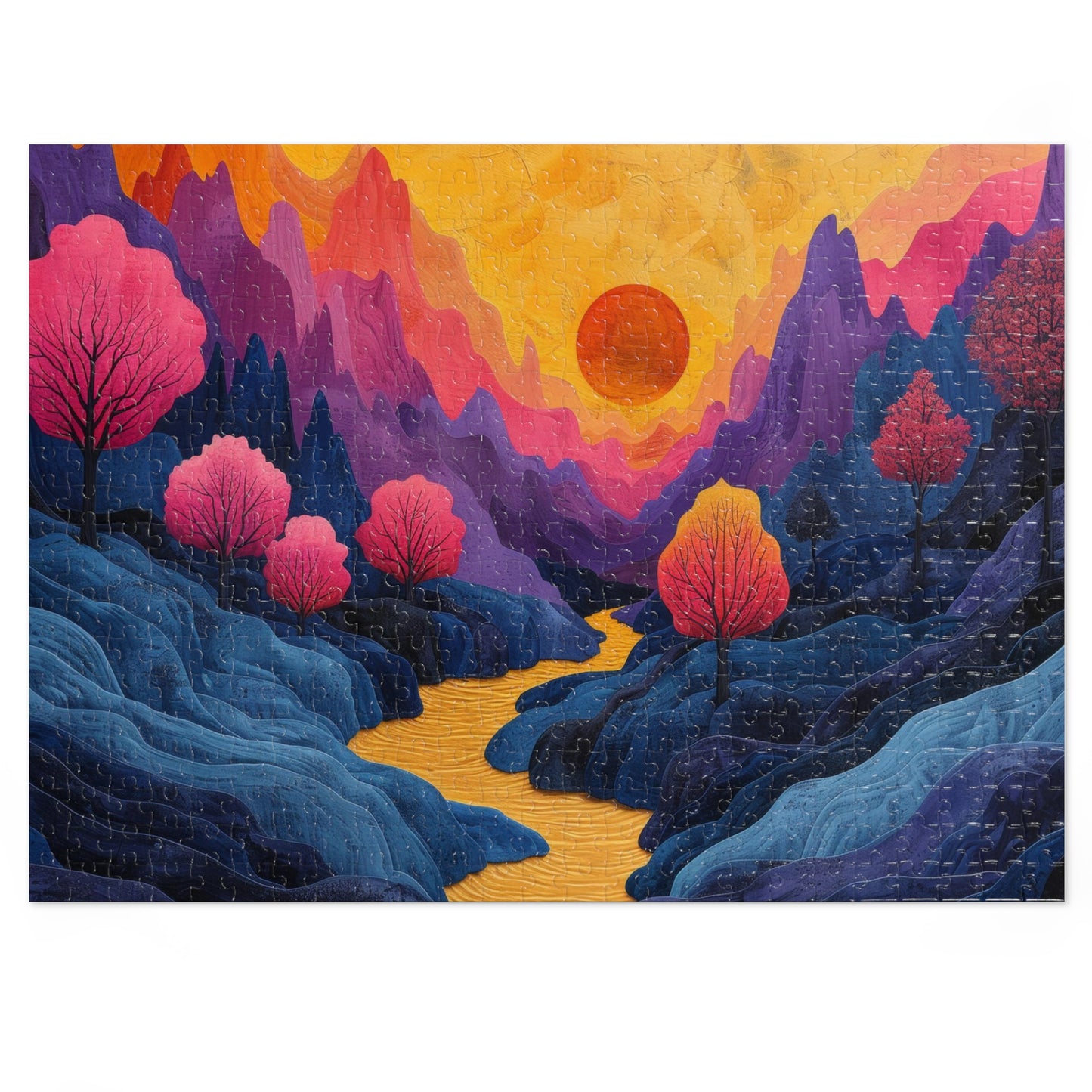 Surreal Sunset Landscape Puzzle, Vibrant Trees & River, 110-1000pc, Shipped in a Metal Box