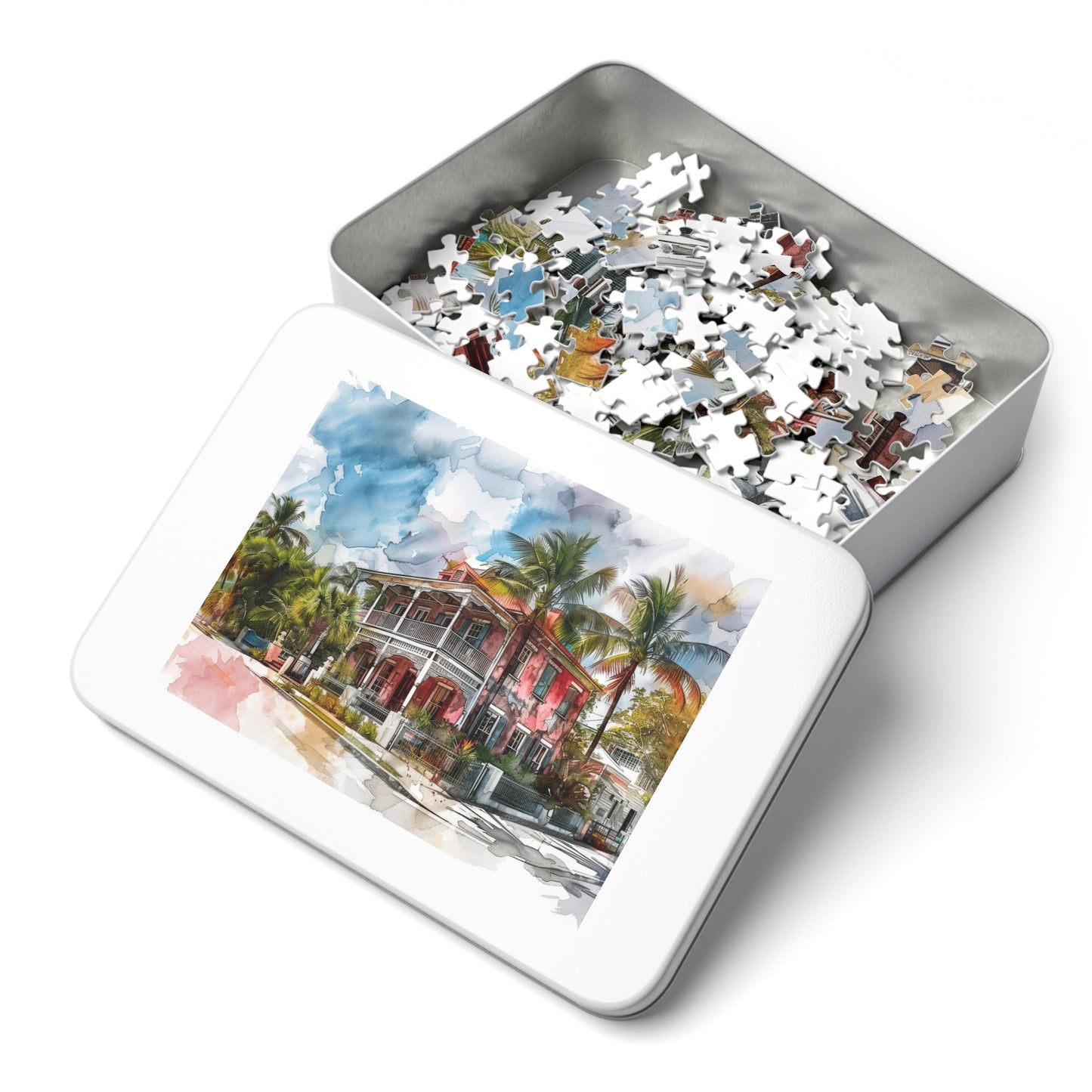 Tropical Watercolor Mansion Puzzle - Vivid, Serene Artwork Shipped in a Metal Box