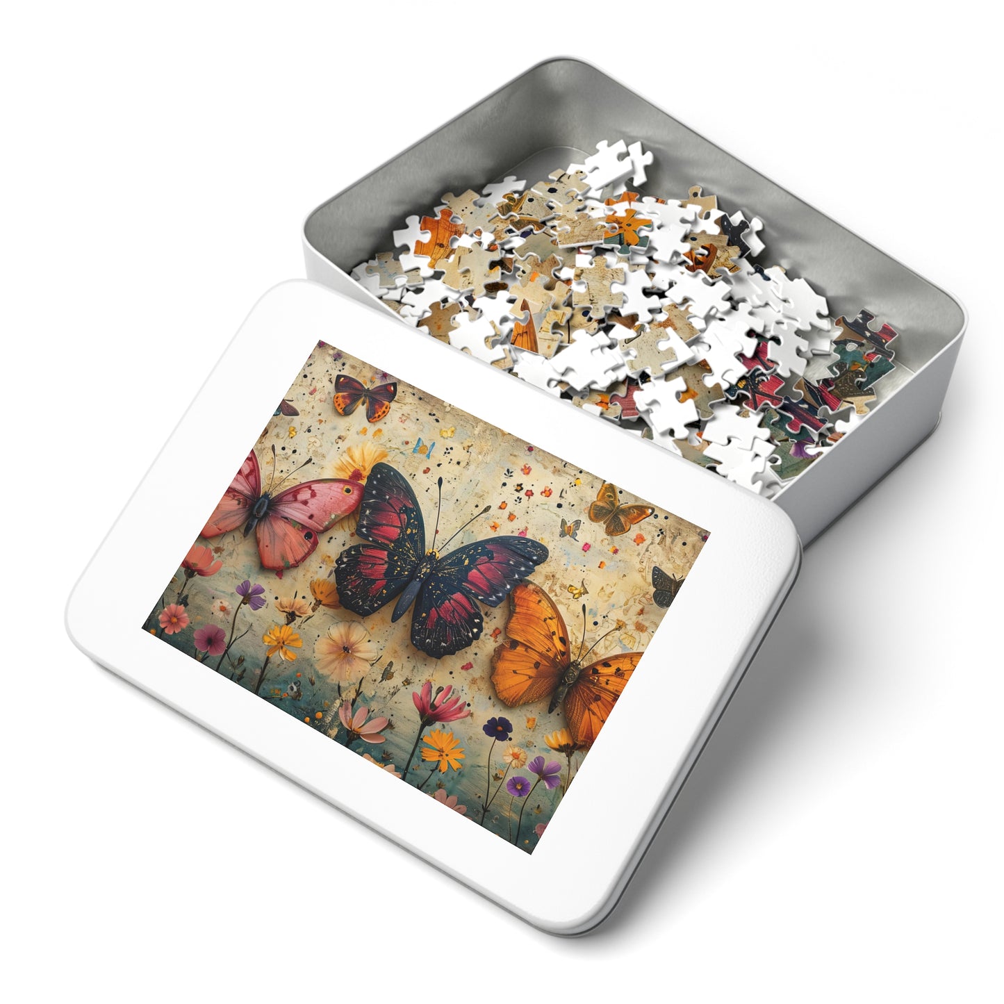 Antique Floral Butterfly Puzzle - 110-1000 Pieces, Immersive Vintage Nature Experience! Metal Box