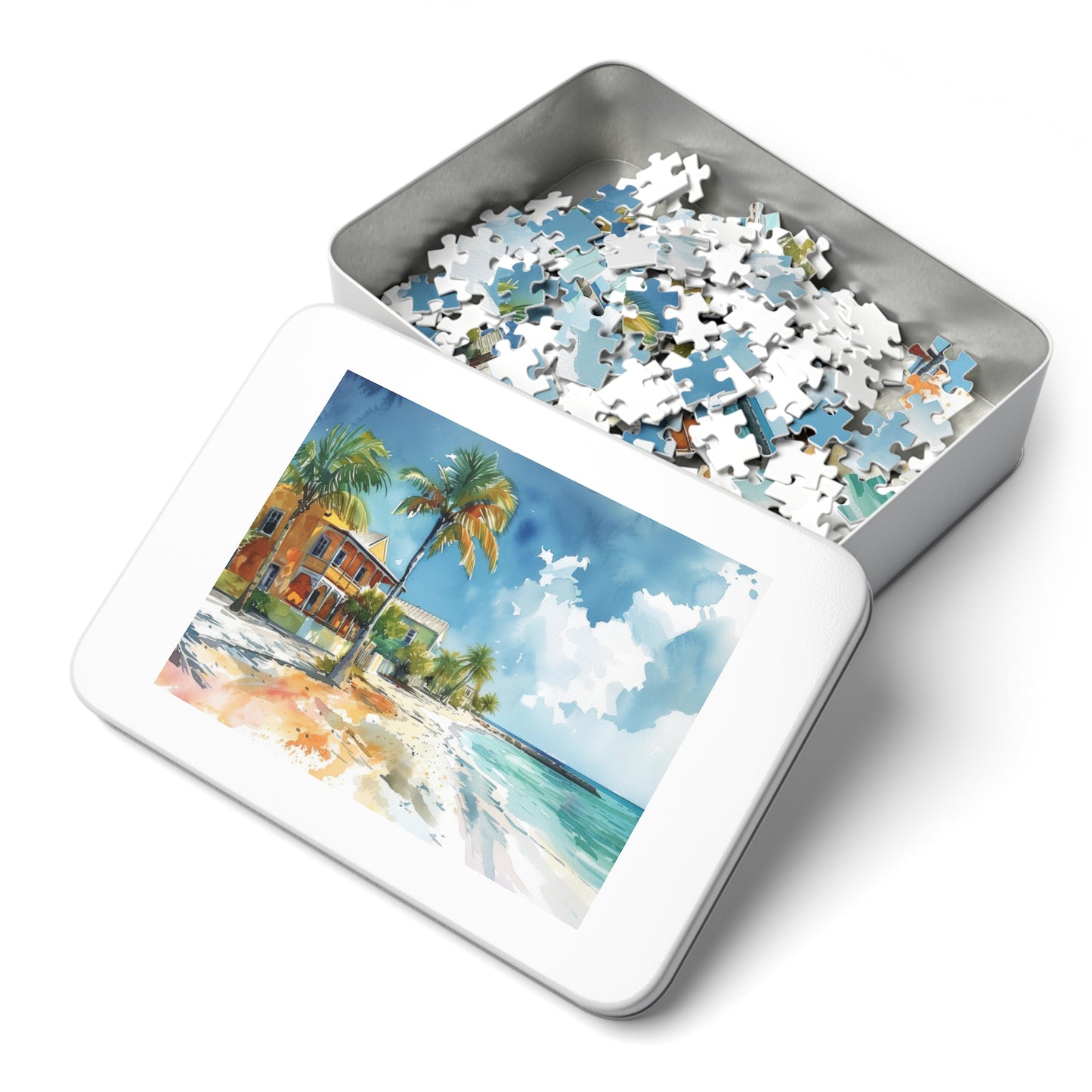 Seaside Bliss Watercolor - Tropical Beach & Historic House Puzzle, Shipped in a Metal Box