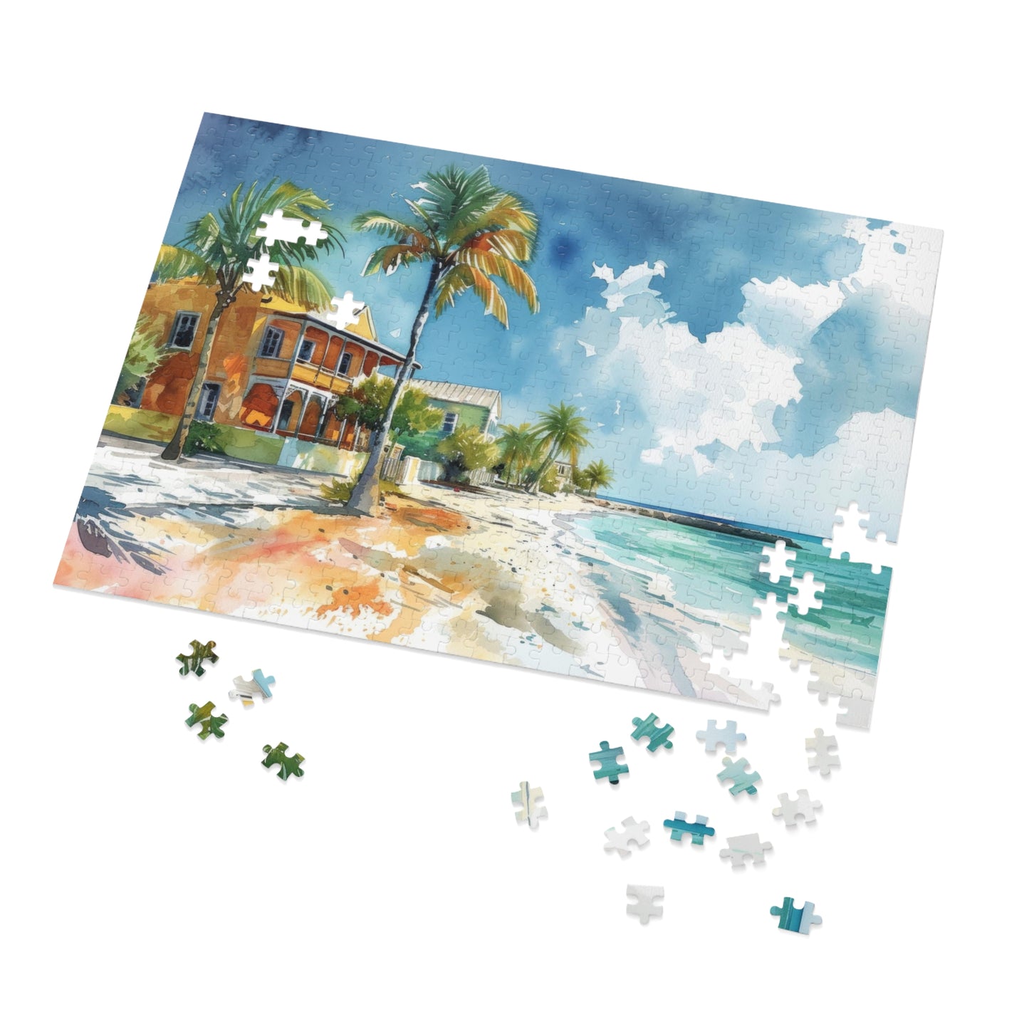 Seaside Bliss Watercolor - Tropical Beach & Historic House Puzzle, Shipped in a Metal Box