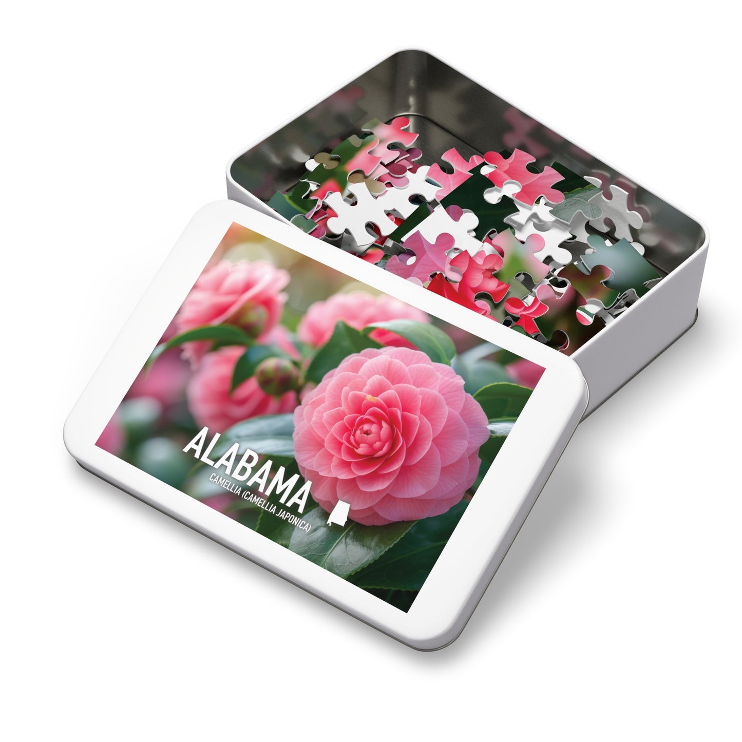 Vibrant Alabama State Flower Camellia Jigsaw Puzzle Set - 110 to 1000 pcs, Metal Box