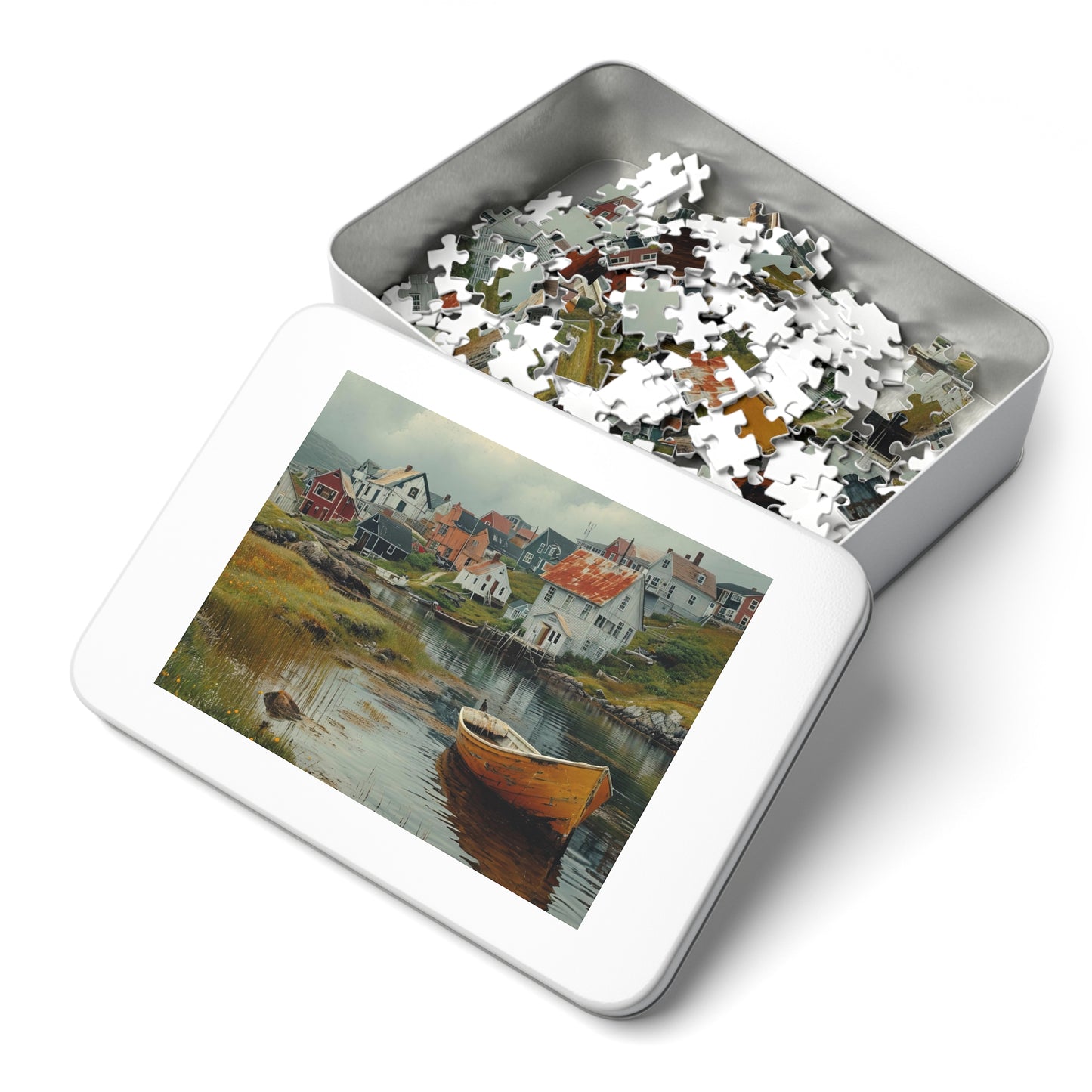 Newfoundland Village Puzzle - Coastal Charm in 110-1000 Pieces, Ideal for Puzzle Enthusiasts! Metal Box