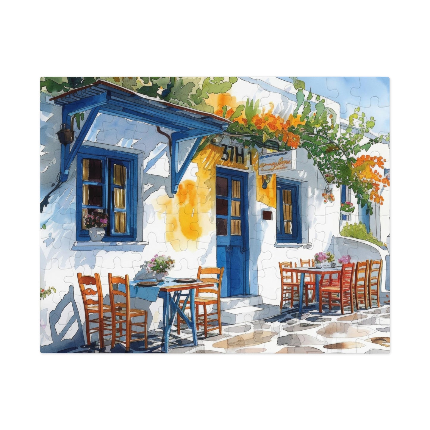 Sun-Kissed Greek Café Watercolor Puzzle: Vivid Blues, Shipped in a Metal Box