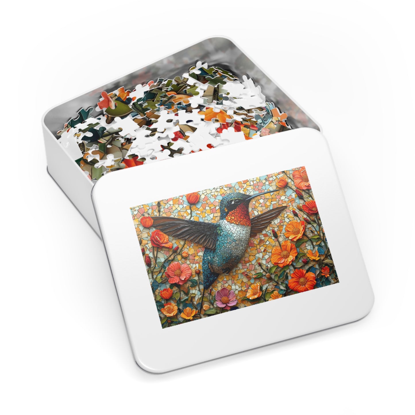 Vibrant Mosaic Hummingbird Puzzle - 110-1000 Pieces, Floral Artistry for Nature Lovers! Metal Box