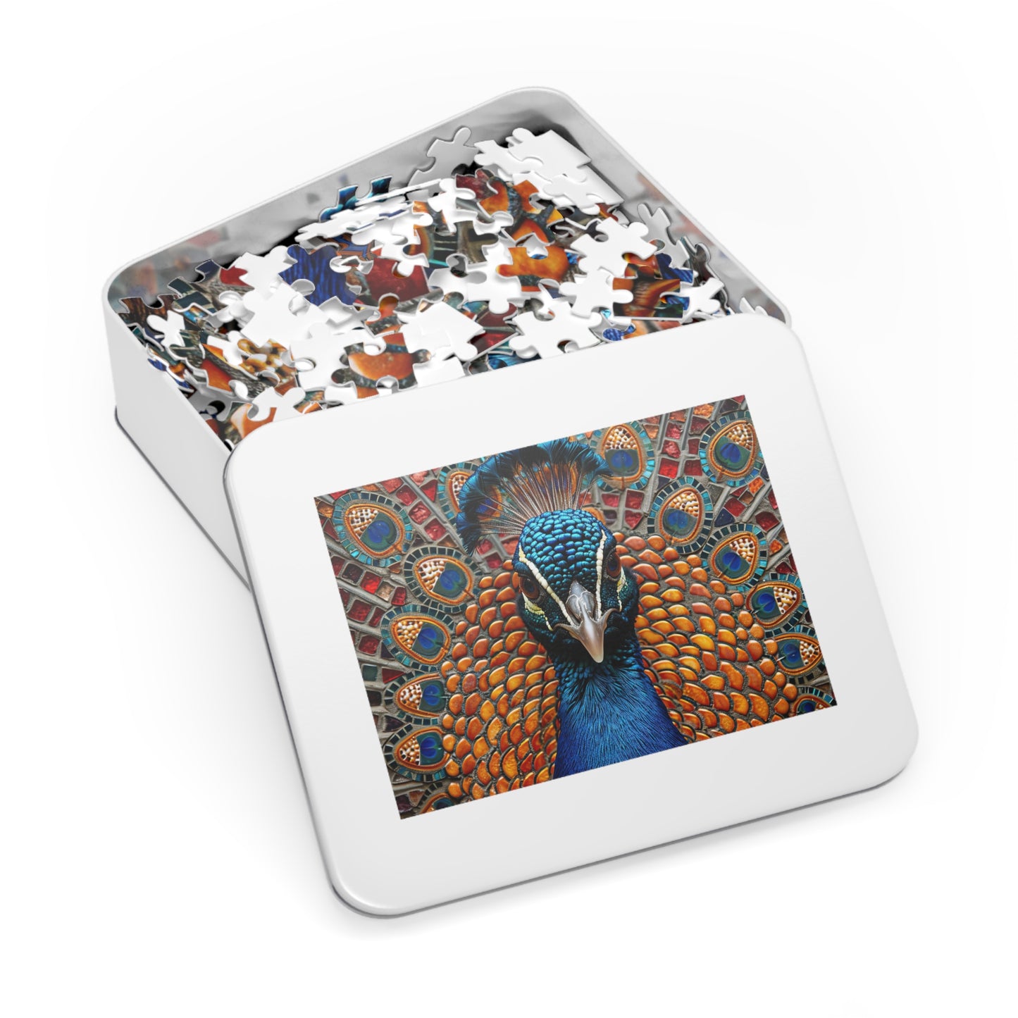 Majestic Mosaic Peacock Puzzle - Dazzling 110-1000 Pieces, A Regal Challenge for Puzzlers! Metal Box