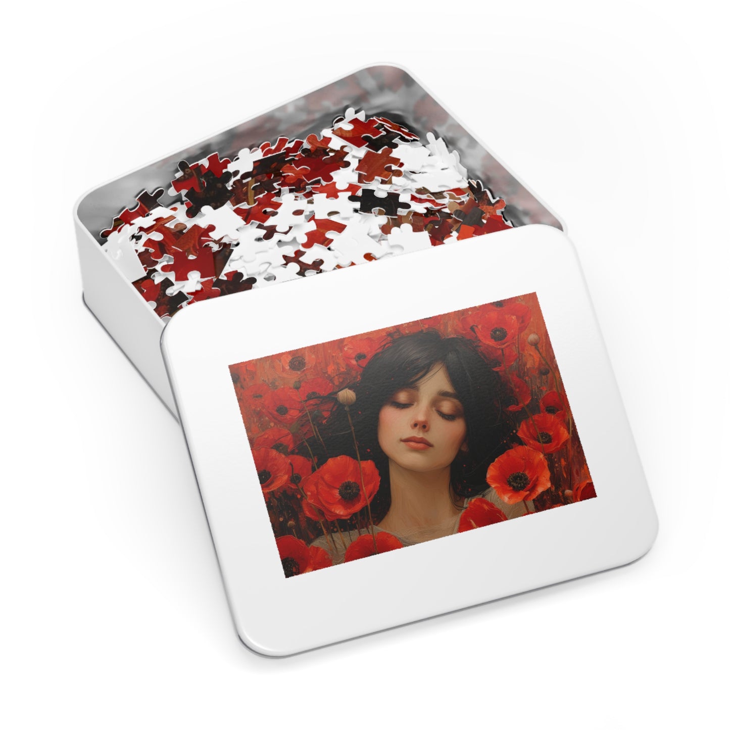 Woman Amidst Red Poppies Art Puzzle, 110-1000pc, Serene Floral Jigsaw, Shipped in a Metal Box