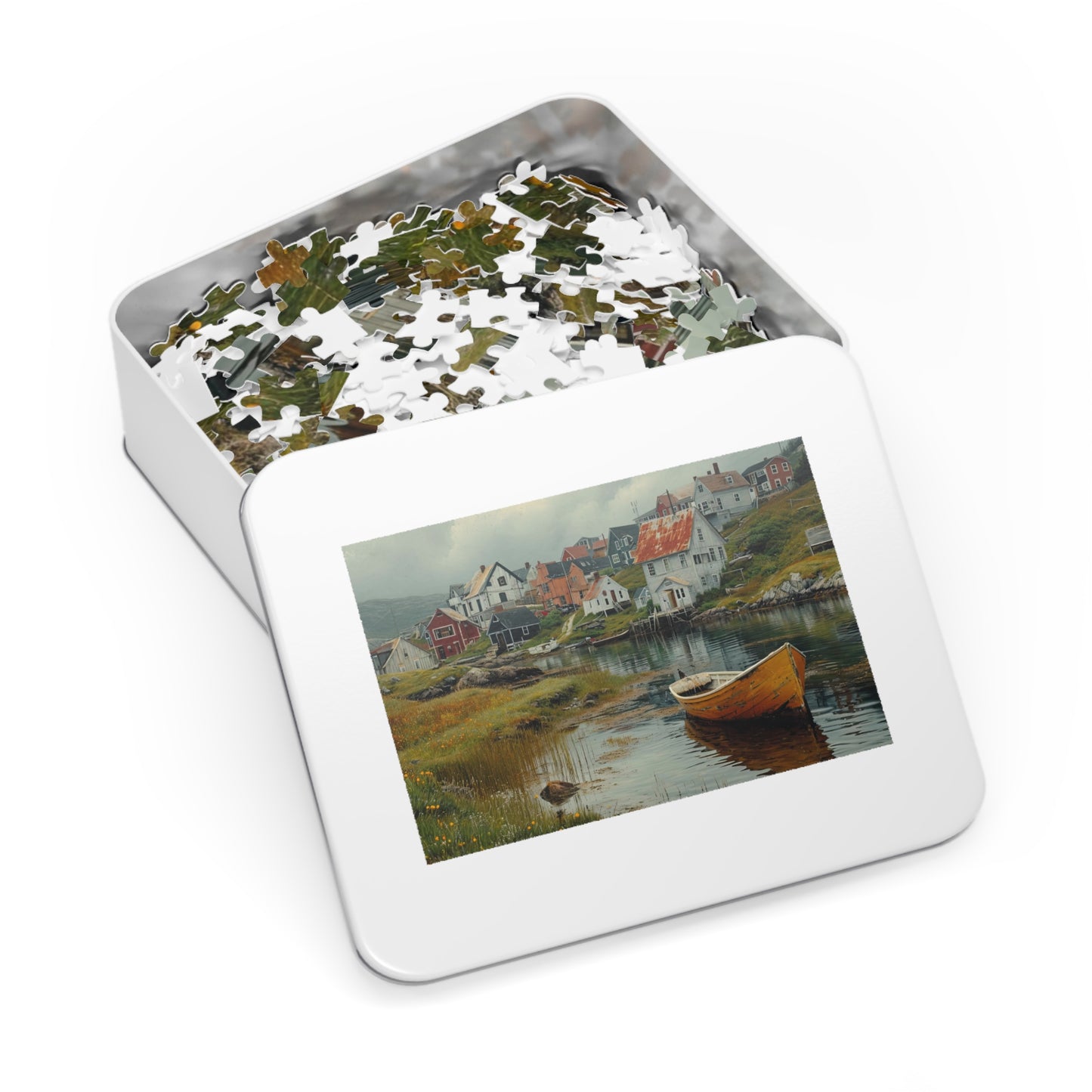 Newfoundland Village Puzzle - Coastal Charm in 110-1000 Pieces, Ideal for Puzzle Enthusiasts! Metal Box