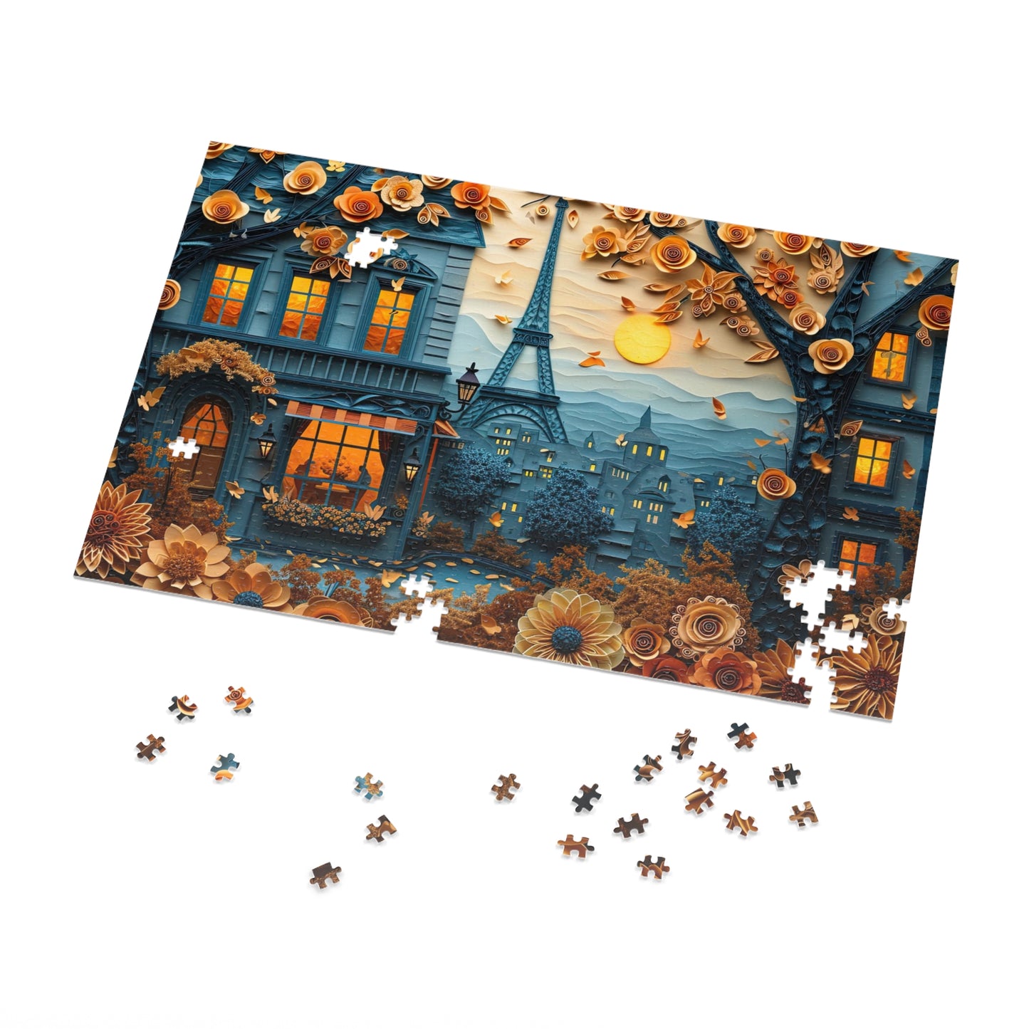 Parisian Paper Art Puzzle - Quilled Eiffel Tower in Autumn, 110-1000 Pieces for Crafters! Metal Box