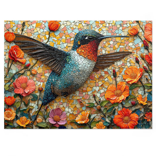 Vibrant Mosaic Hummingbird Puzzle - 110-1000 Pieces, Floral Artistry for Nature Lovers! Metal Box