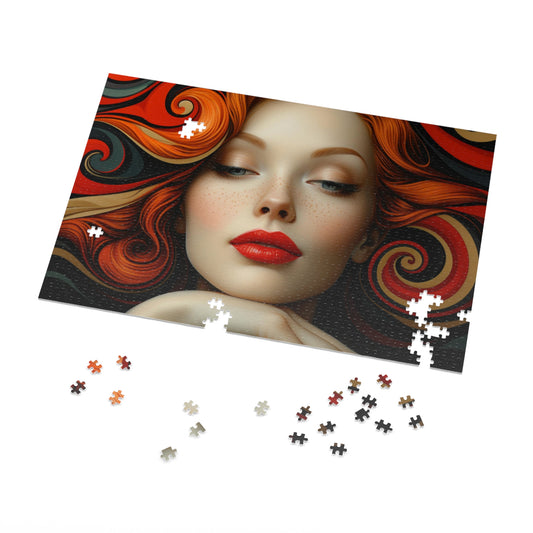 Red Swirls Artistic Woman Portrait Puzzle, Unique Jigsaw, Sizes 110-1000pc, Shipped in a Metal Box