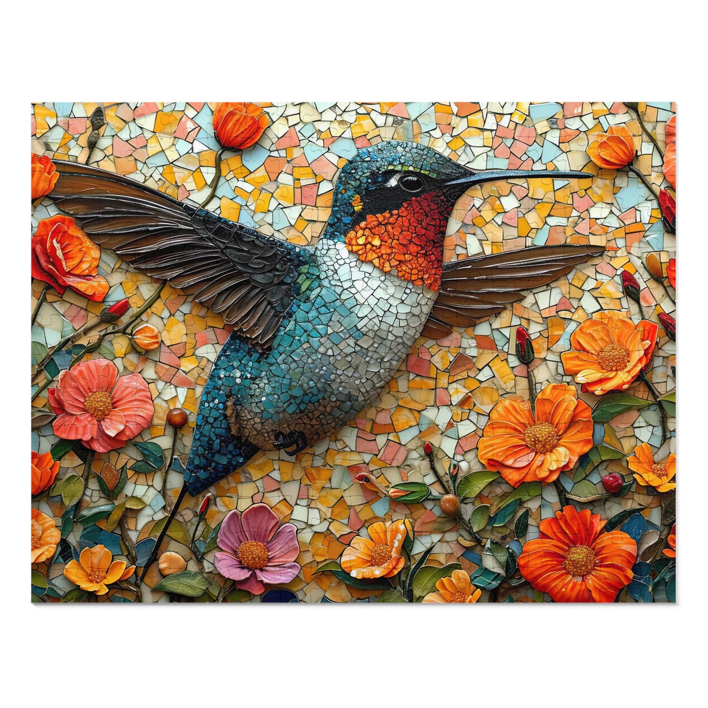 Vibrant Mosaic Hummingbird Puzzle - 110-1000 Pieces, Floral Artistry for Nature Lovers! Metal Box