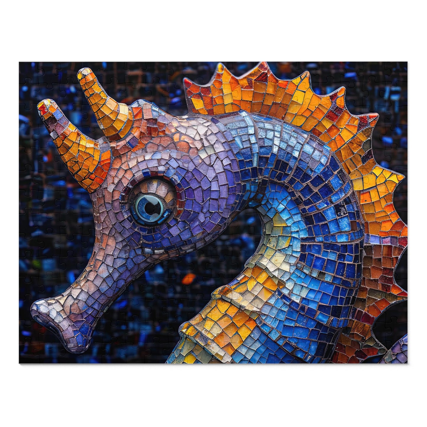 Mosaic Seahorse Puzzle, Available in 110, 252, 500 & 1000 Pieces, Intricate Ocean Art, Vibrant Tile Craftsmanship, Marine Life, Metal Box