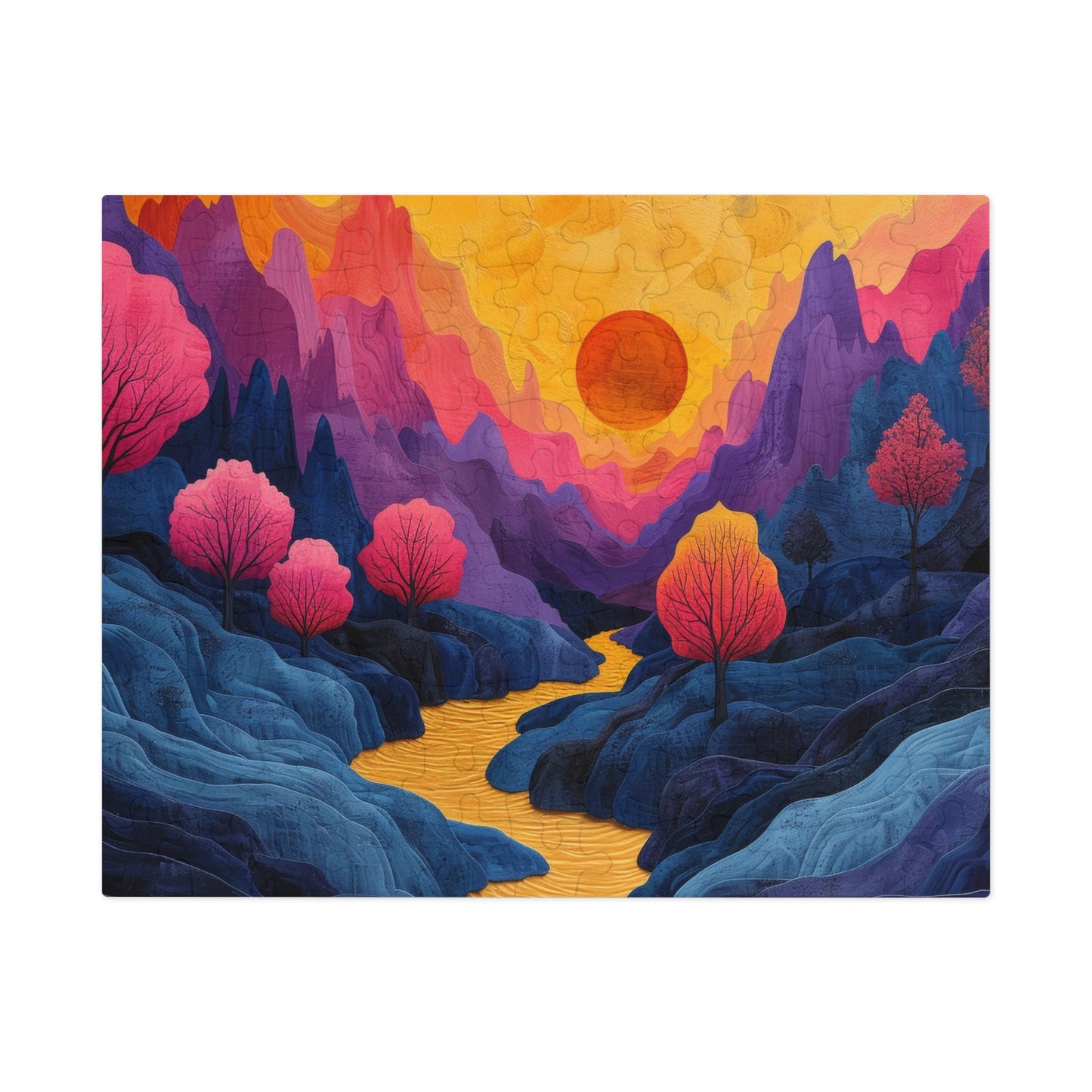 Surreal Sunset Landscape Puzzle, Vibrant Trees & River, 110-1000pc, Shipped in a Metal Box