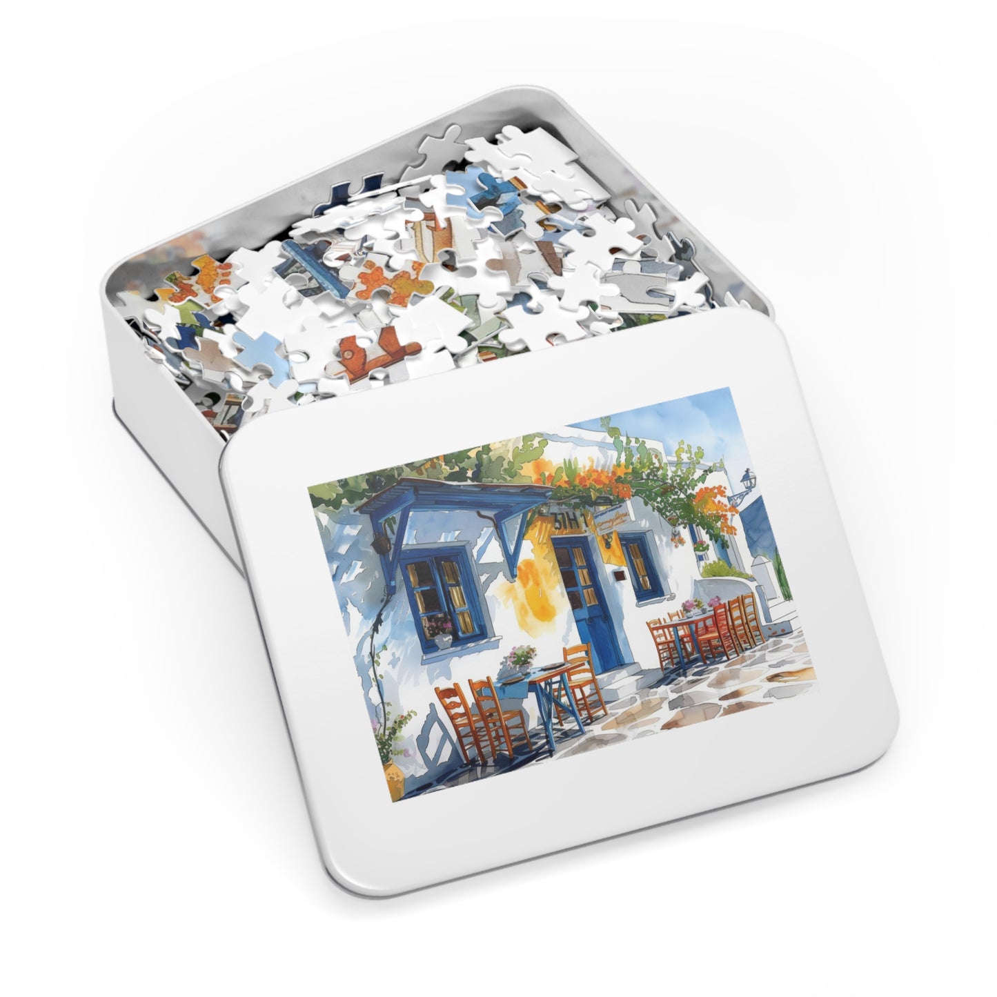 Sun-Kissed Greek Café Watercolor Puzzle: Vivid Blues, Shipped in a Metal Box