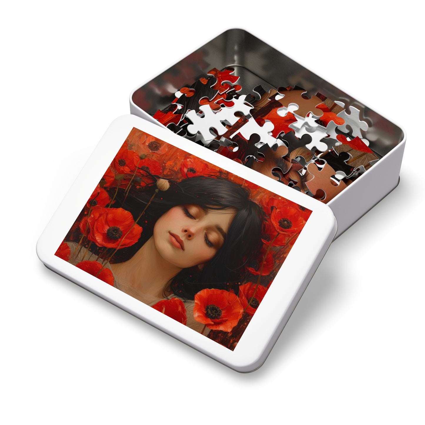 Woman Amidst Red Poppies Art Puzzle, 110-1000pc, Serene Floral Jigsaw, Shipped in a Metal Box