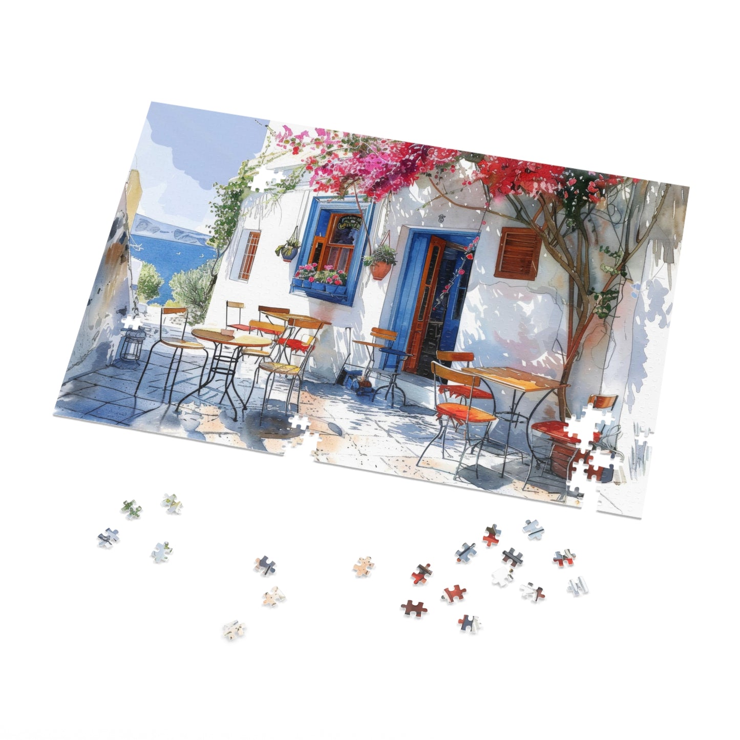 Idyllic Café Charm Watercolor Puzzle: Coastal Scene with Blossoms, Shipped in a Metal Box