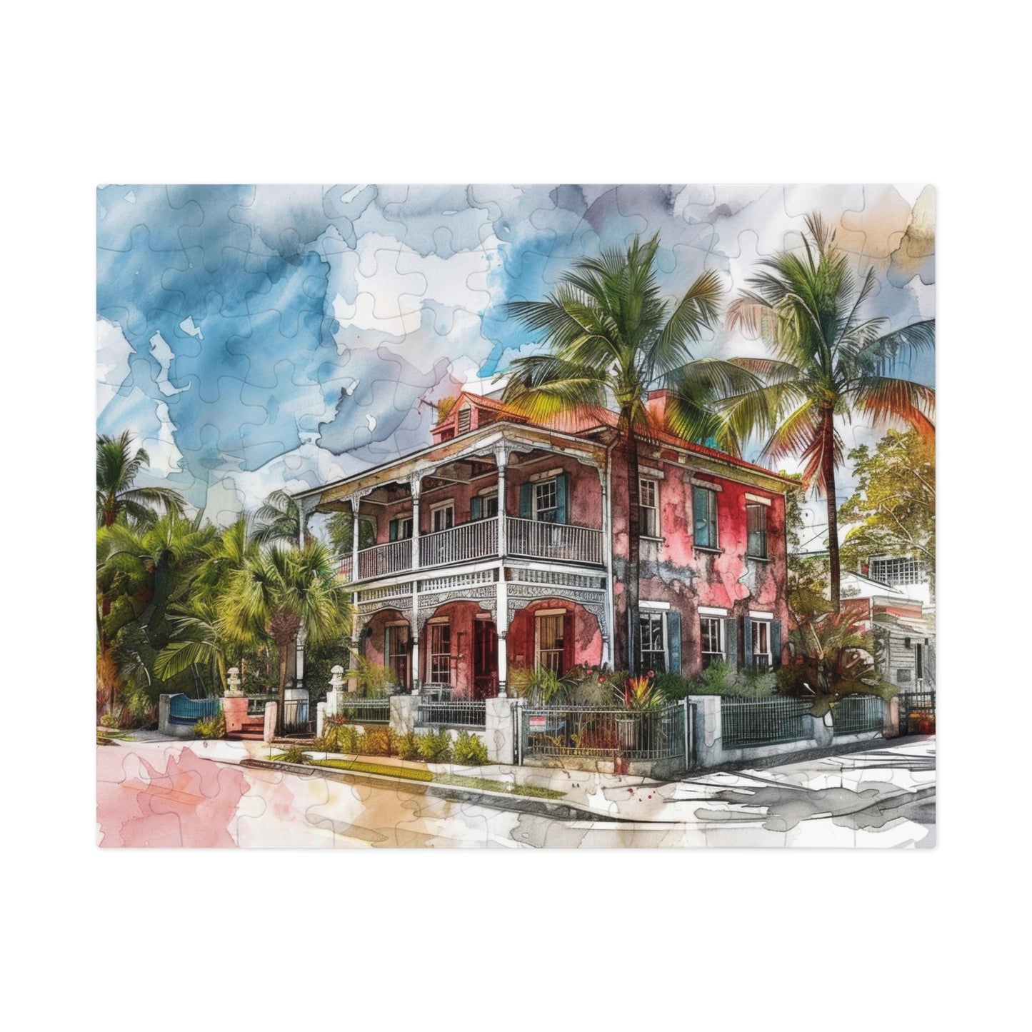 Tropical Watercolor Mansion Puzzle - Vivid, Serene Artwork Shipped in a Metal Box