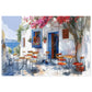 Idyllic Café Charm Watercolor Puzzle: Coastal Scene with Blossoms, Shipped in a Metal Box