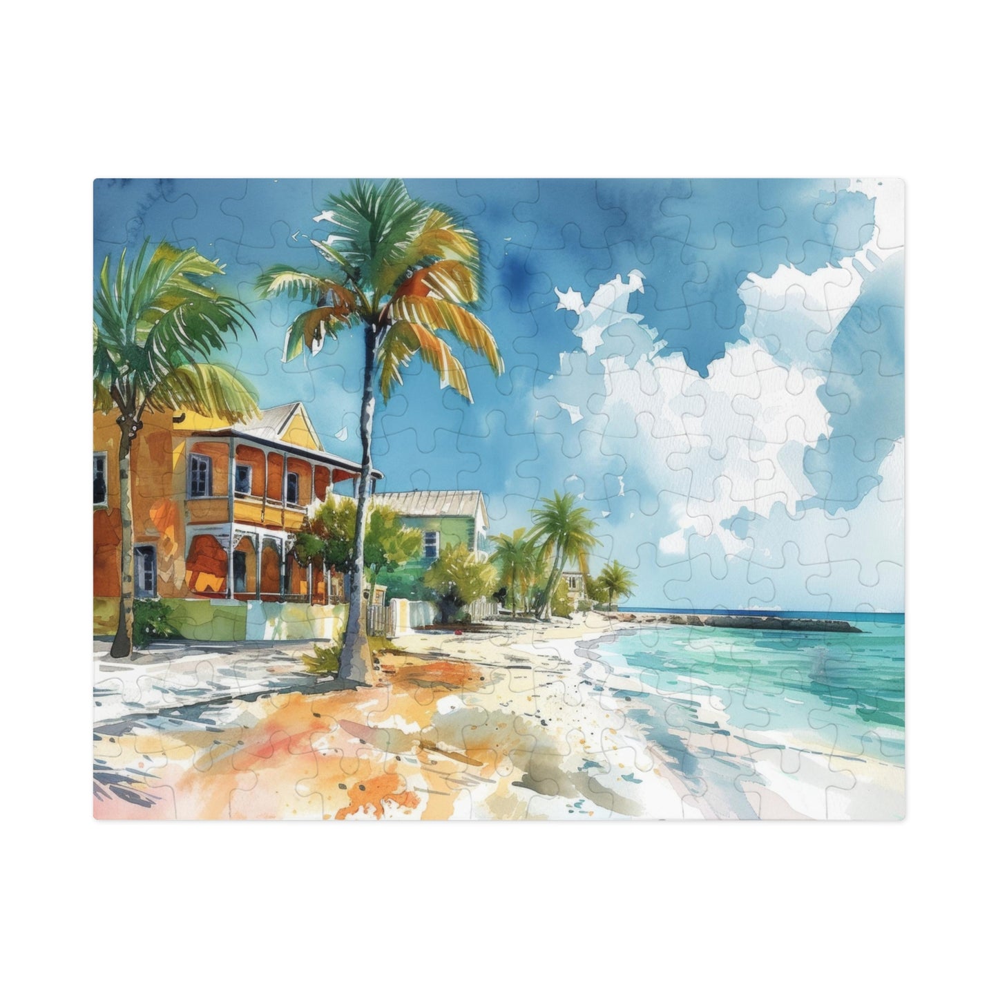 Seaside Bliss Watercolor - Tropical Beach & Historic House Puzzle, Shipped in a Metal Box