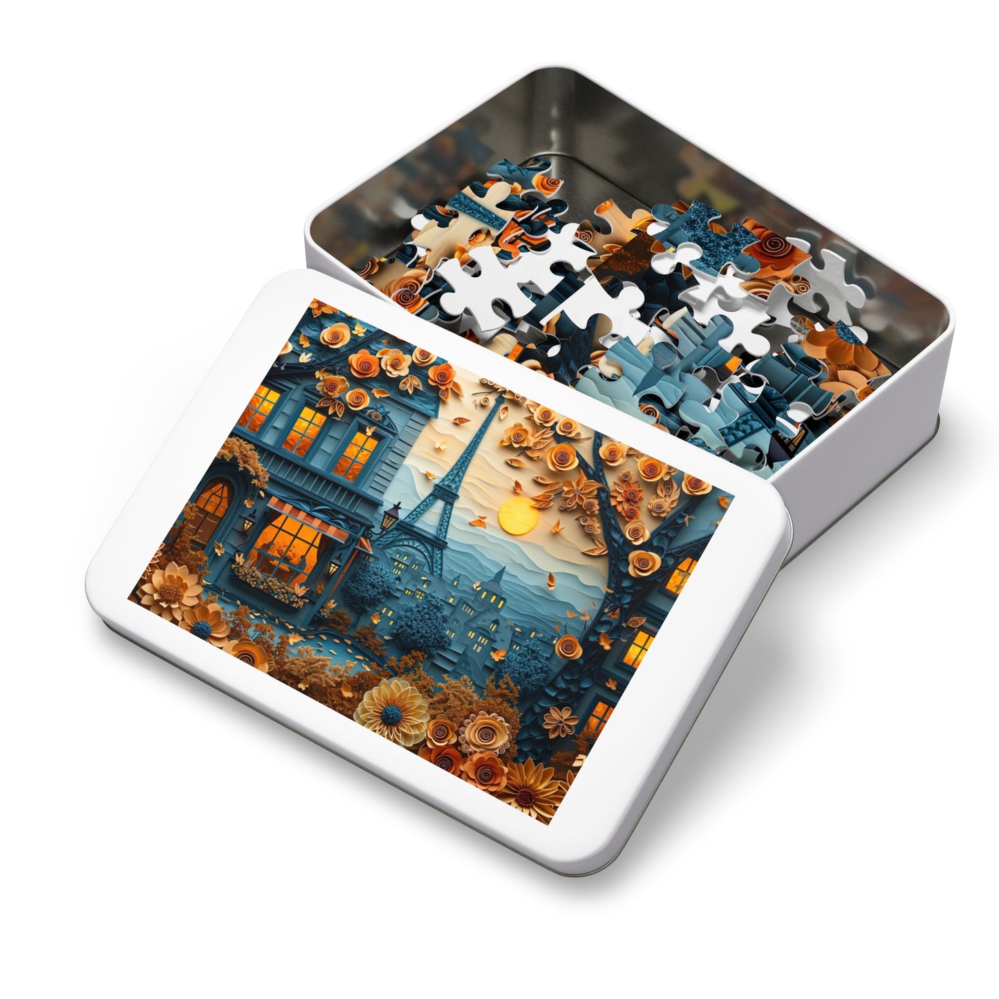 Parisian Paper Art Puzzle - Quilled Eiffel Tower in Autumn, 110-1000 Pieces for Crafters! Metal Box