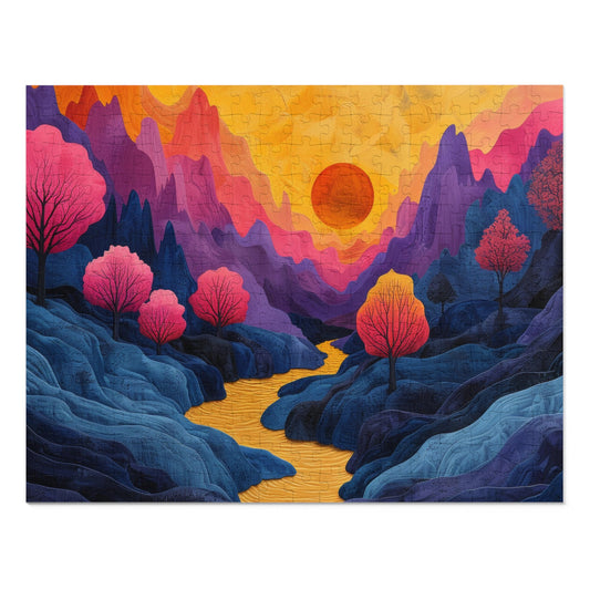 Surreal Sunset Landscape Puzzle, Vibrant Trees & River, 110-1000pc, Shipped in a Metal Box