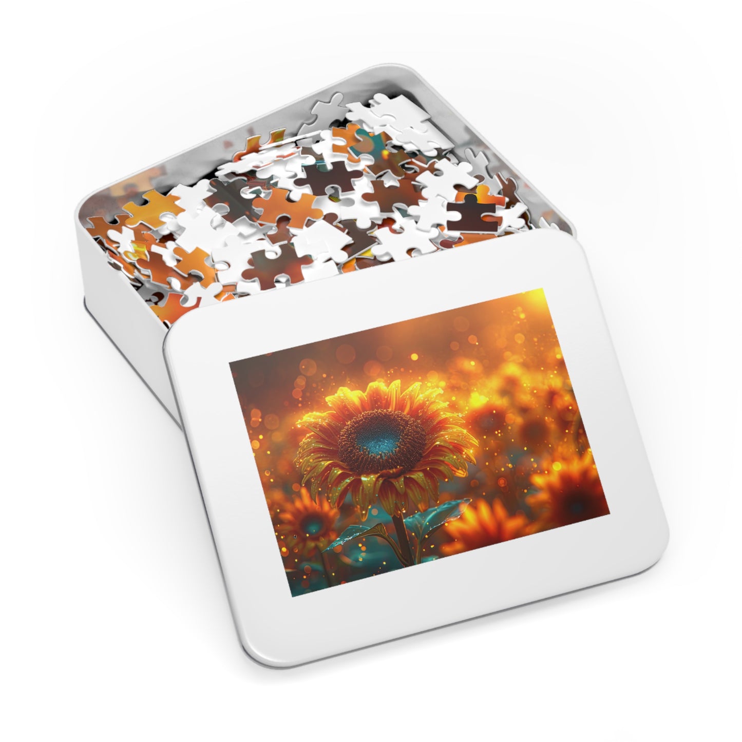 Radiant Sunflower Glow Puzzle - Enchanting 110-1000 Piece Sets for Nature Enthusiasts! Metal Box