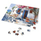 Idyllic Café Charm Watercolor Puzzle: Coastal Scene with Blossoms, Shipped in a Metal Box