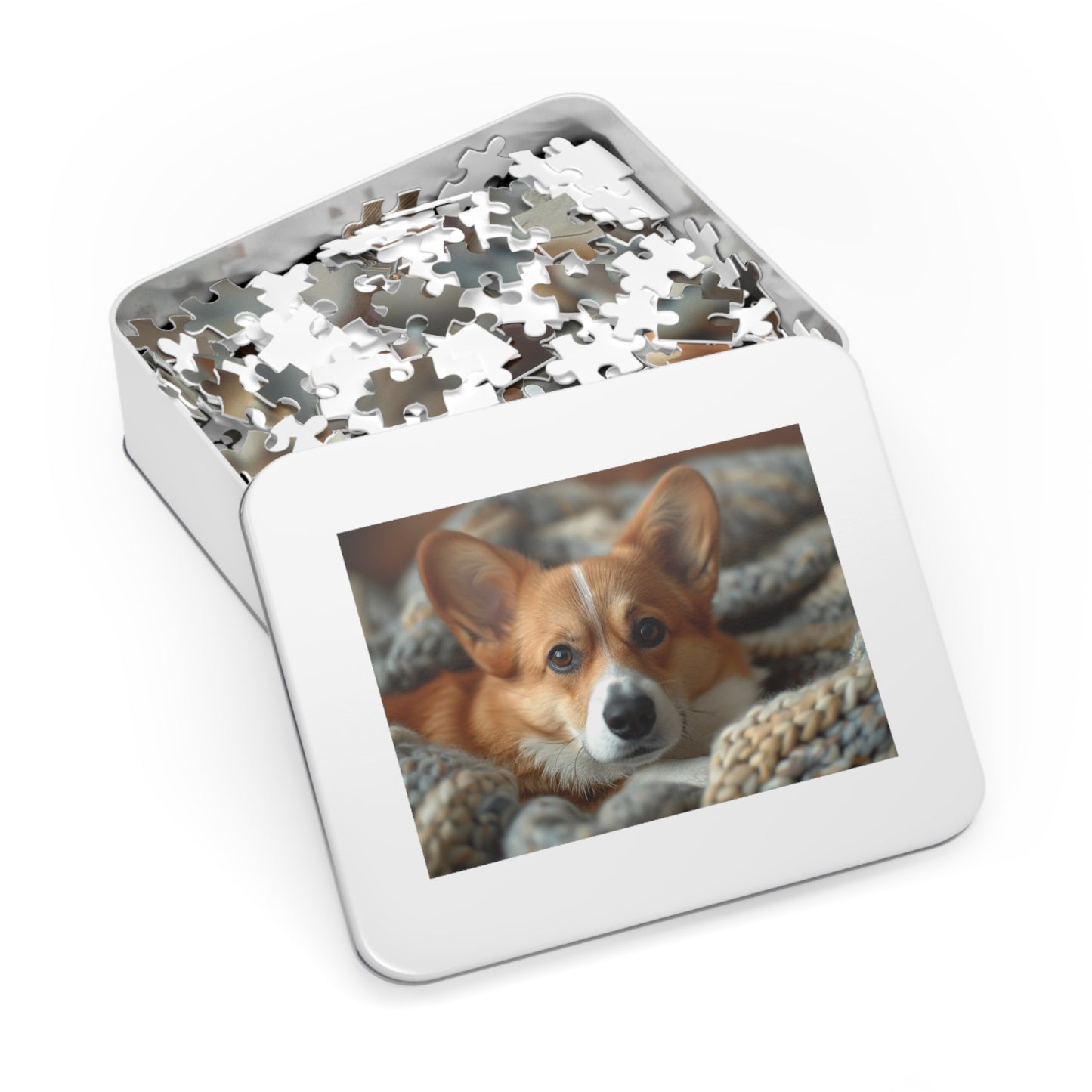 Cozy Corgi Puppy Puzzle - Snuggle Up with 110-1000 Piece Sets, Adorable Dog Jigsaw! Metal Box