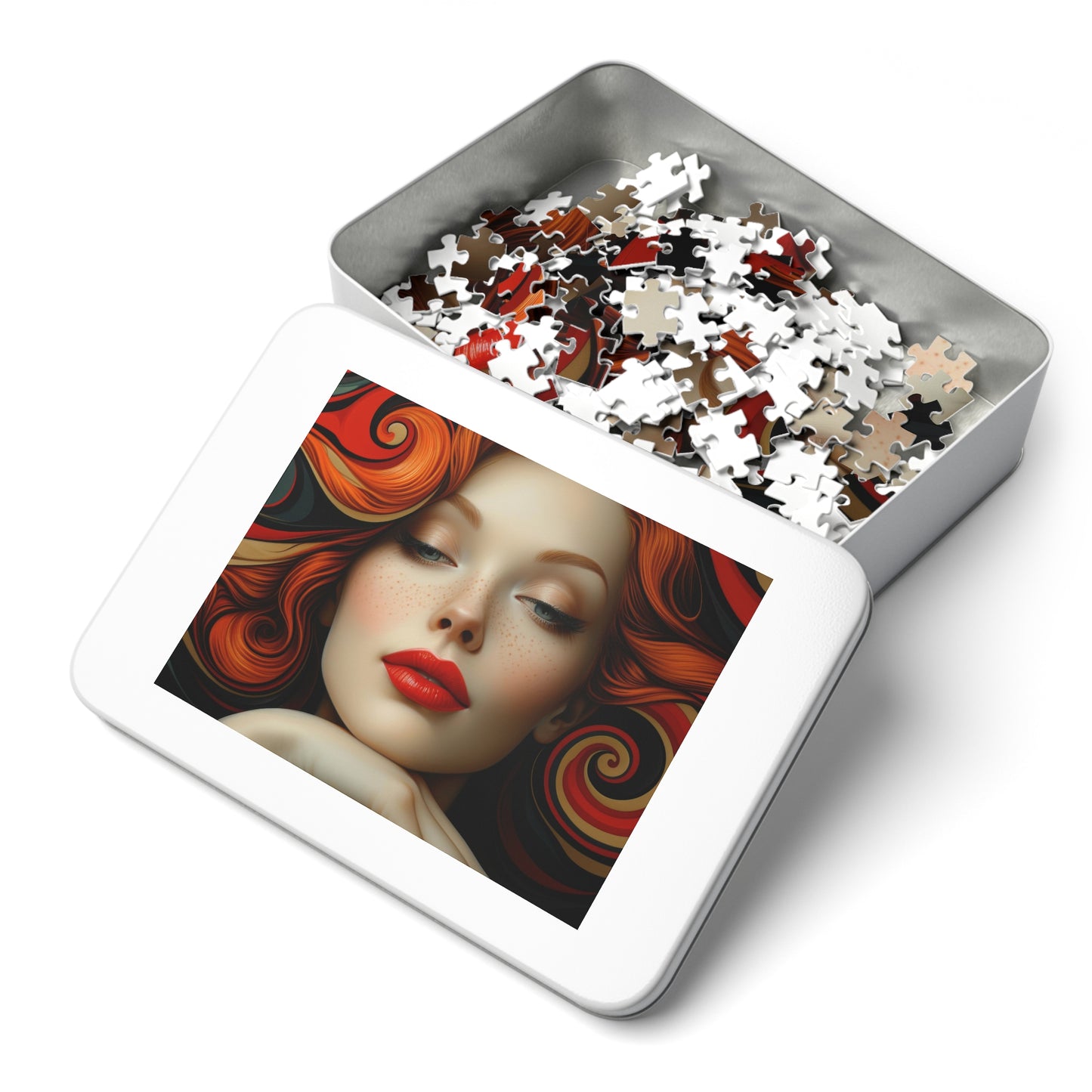 Red Swirls Artistic Woman Portrait Puzzle, Unique Jigsaw, Sizes 110-1000pc, Shipped in a Metal Box